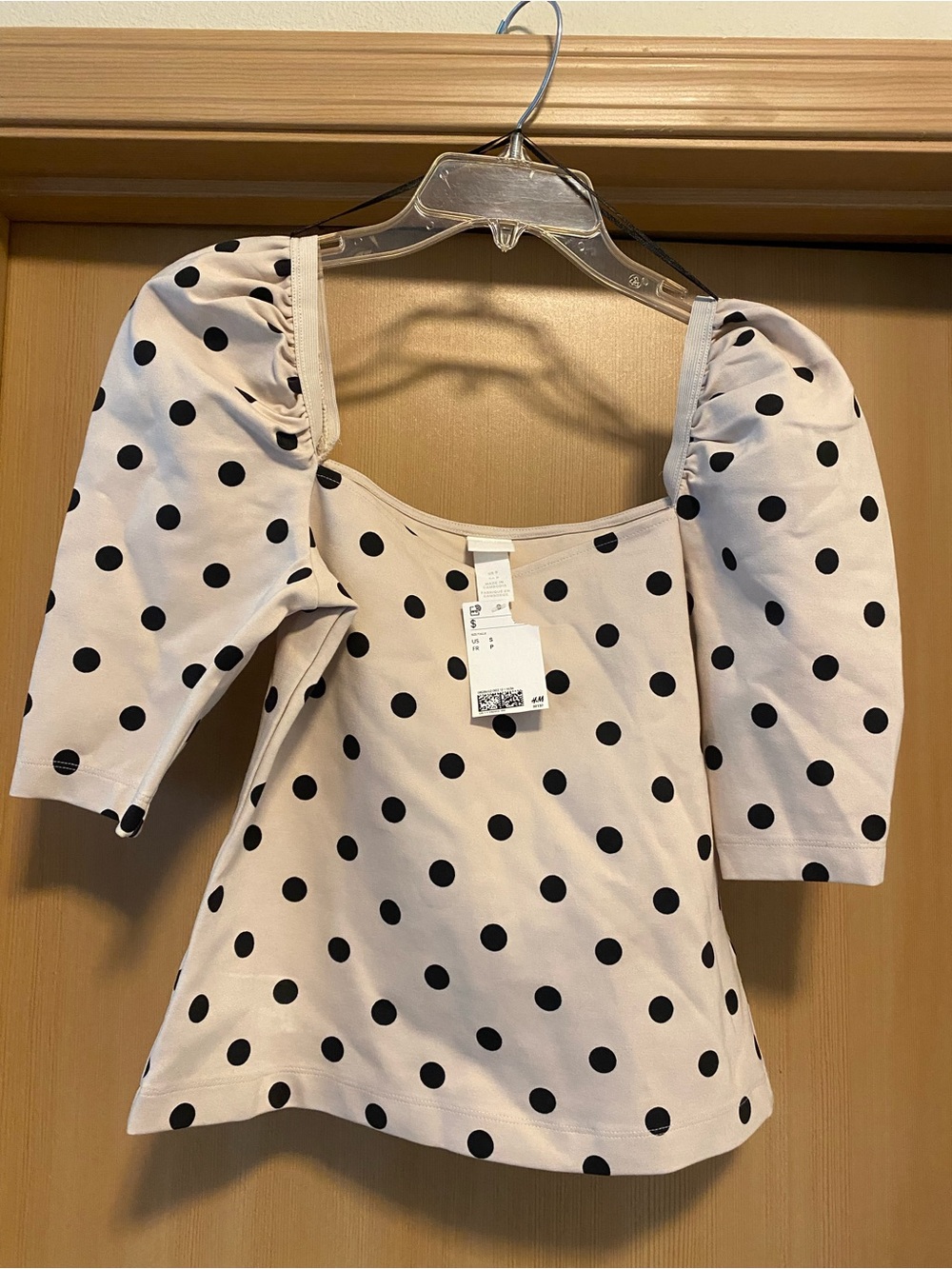 H&M Blush Pink Square Neck Puff Sleeve Polka Dot Top